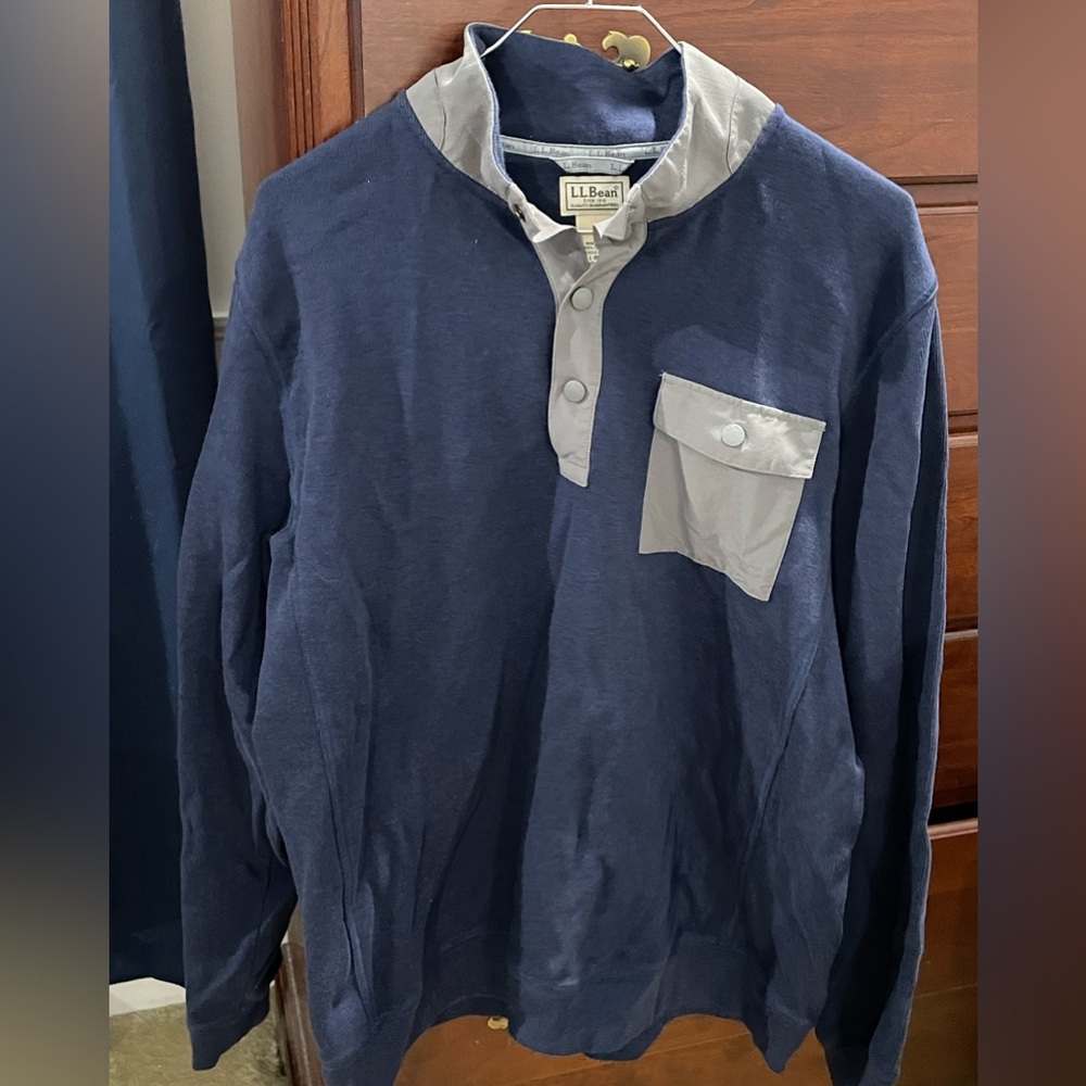 LL Bean men’s L regular long sleeve camp polo.  Navy & Gray New no tags. $35